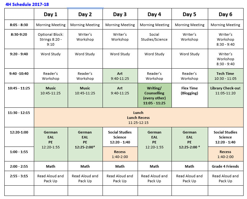 Classroom Schedules - Grade 4 AIS Vienna